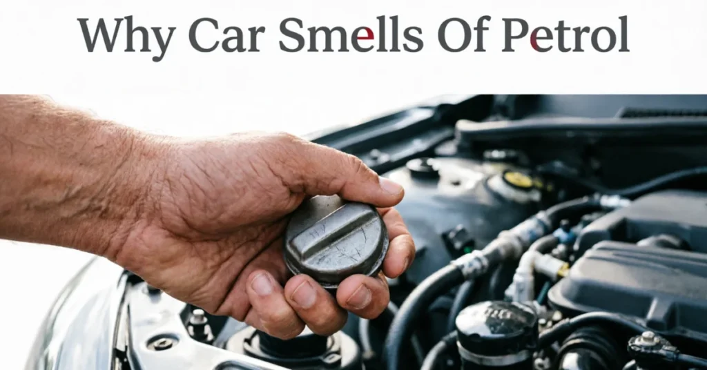 Hand tightening fuel cap on car engine bay - common cause of petrol smell in vehicles