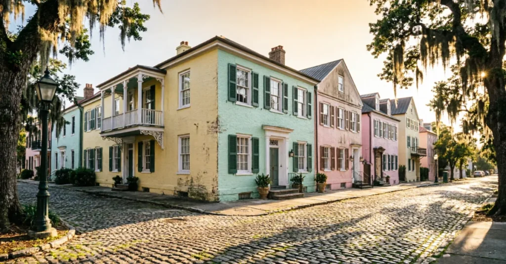Colorful historic houses on cobblestone street in Charleston SC with Spanish moss