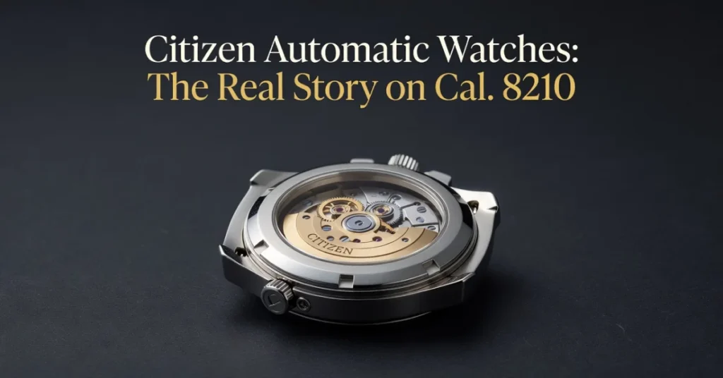 Citizen automatic watch Calibre 8210 movement visible through display case back on dark background