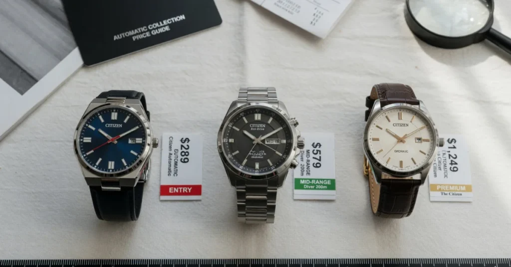 Citizen automatic watches price comparison showing entry level NJ series, mid-range diver, and premium model side by side
