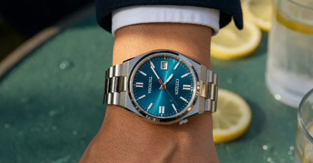 Citizen Tsuyosa automatic watch with blue sunburst dial on wrist

