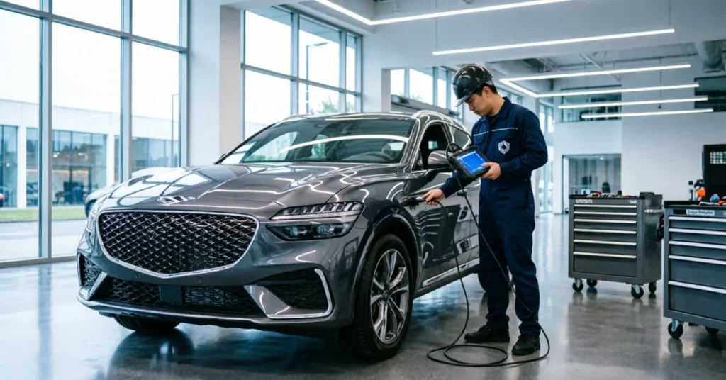 Luxury SUV service center maintenance - professional technician with diagnostic equipment in modern dealership service bay