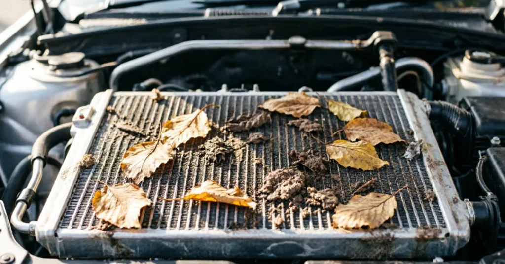 Close-up of car condenser fins blocked with dried leaves and mud buildup