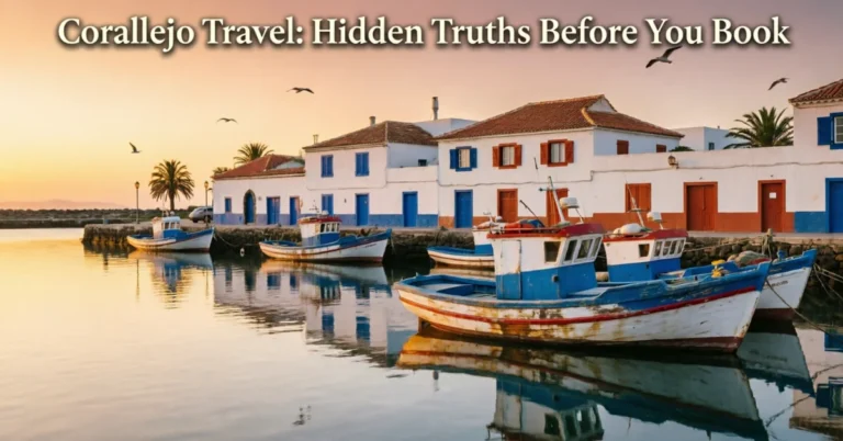 Corralejo harbor sunset with fishing boats and colorful Canary Islands buildings at golden hour