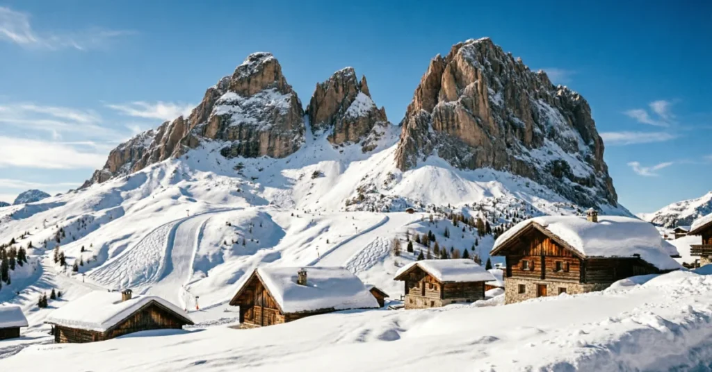 Cortina d'Ampezzo ski slopes with dramatic Dolomite mountains