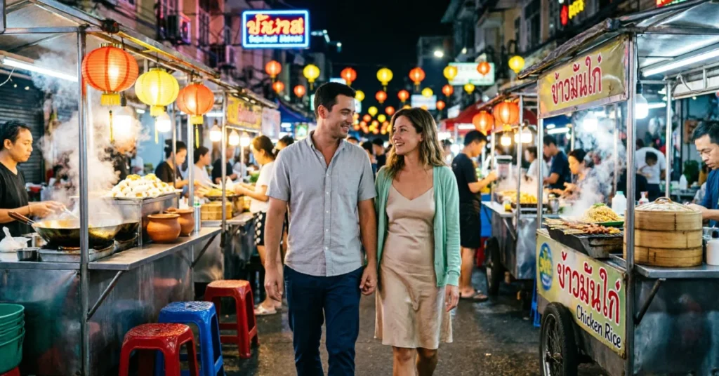 Couple walking through Bangkok night market with colorful lanterns overhead