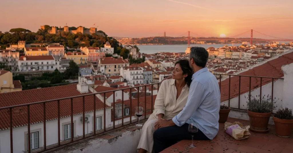 Couple enjoying wine on Lisbon rooftop terrace with São Jorge Castle and 25 de Abril Bridge at sunset