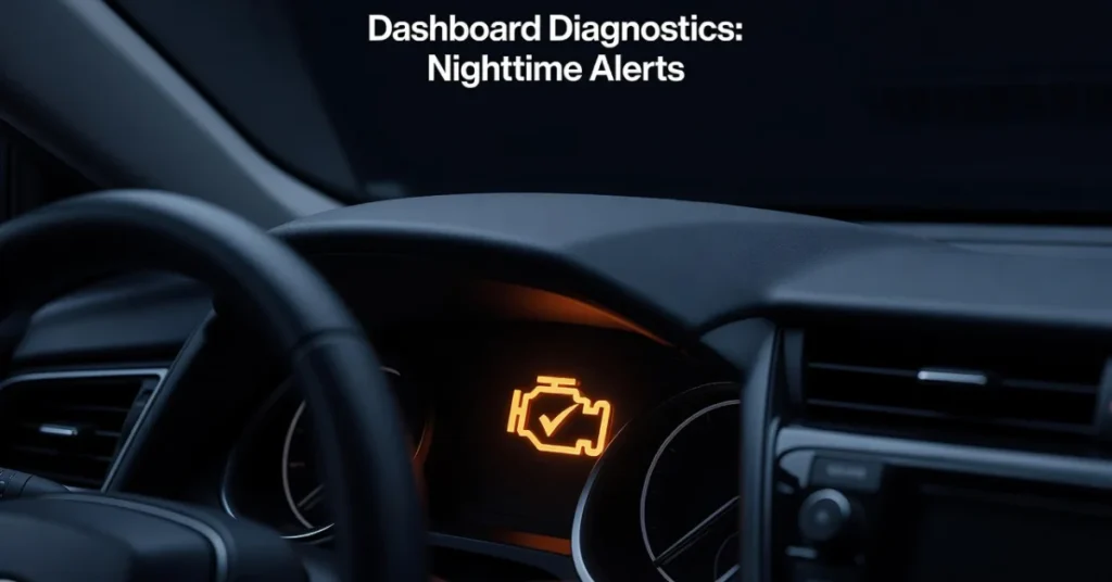 Car dashboard at night while driving with check engine light illuminated on tachometer