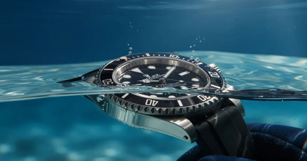 Dive watch submerged underwater showing water resistance and durability