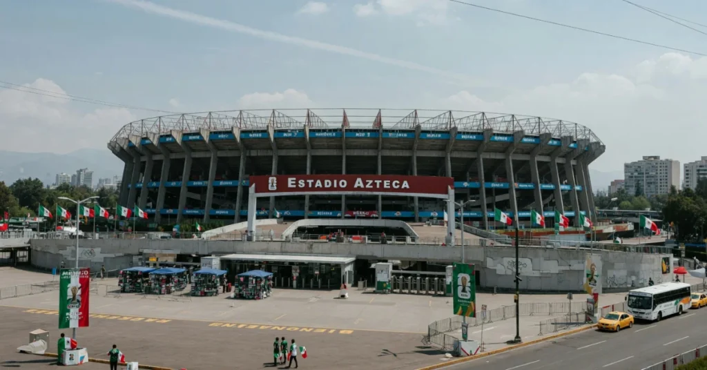 Estadio Azteca exterior with FIFA World Cup 2026 Mexico banner, host stadium in Mexico City