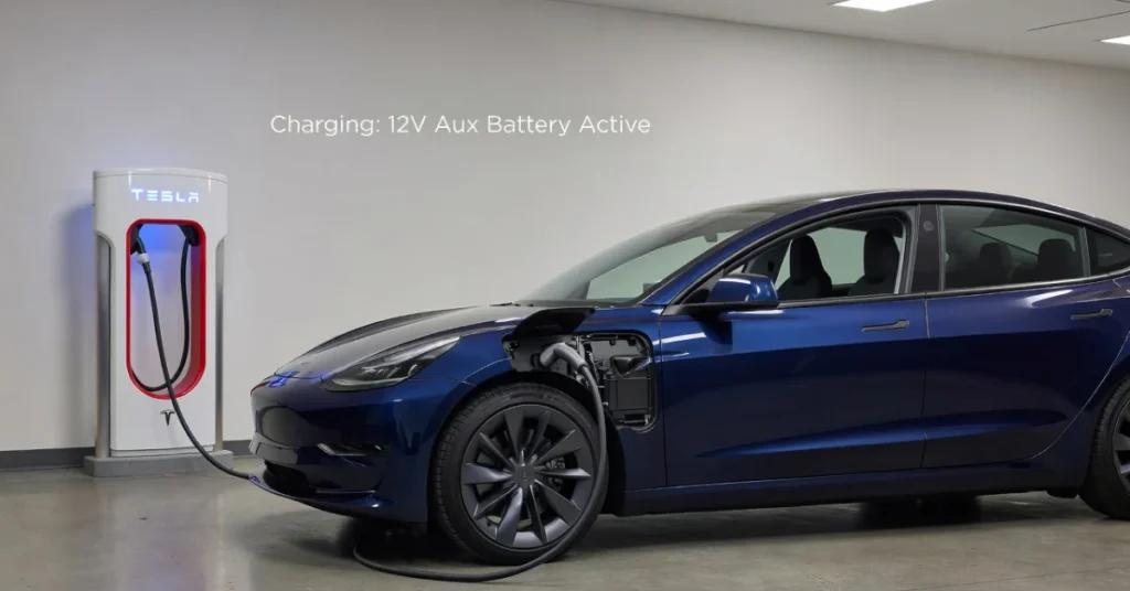 Tesla electric car charging with 12V aux battery active causing sulfur smell