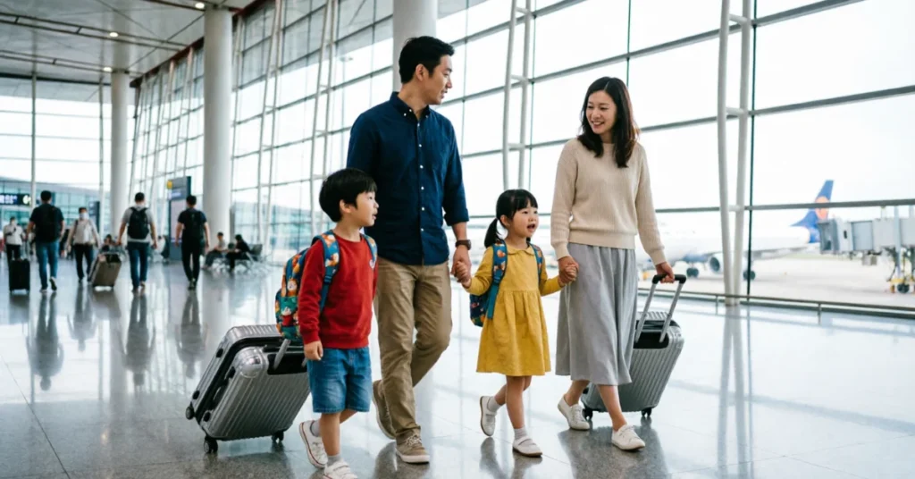 Parents with two kids at airport, walking with rolling suitcases and backpacks, family travel