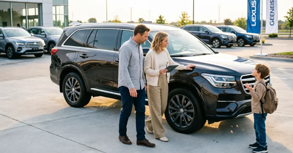 Parents with child shopping for luxury SUV at dealership, test drive evaluation