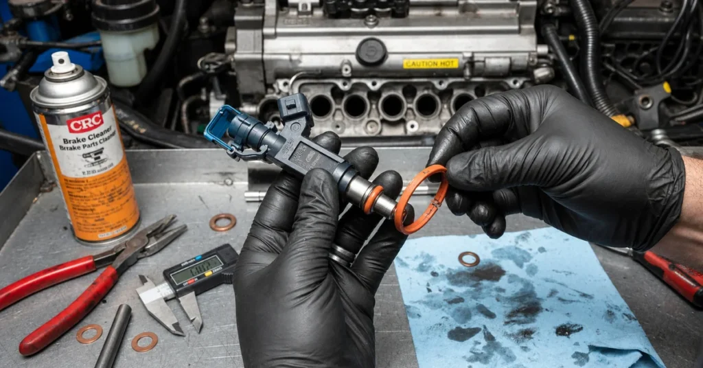 Mechanic in black gloves replacing orange O-ring seal on fuel injector with engine bay and tools visible