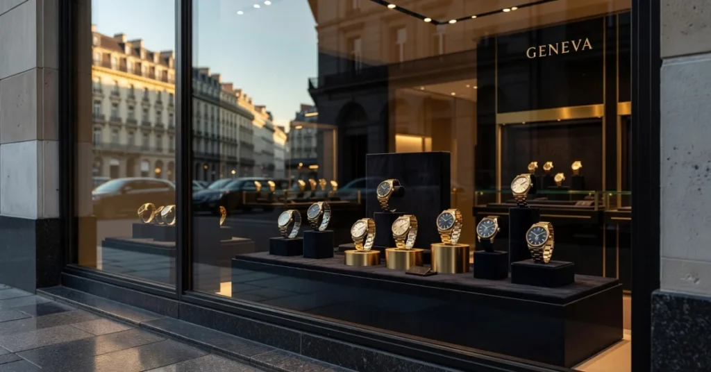 Luxury Swiss watches displayed in Geneva boutique window