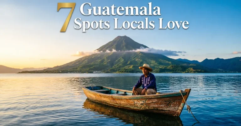 Local Guatemalan fisherman in traditional hat sitting in wooden boat on Lake Atitlán with volcano backdrop