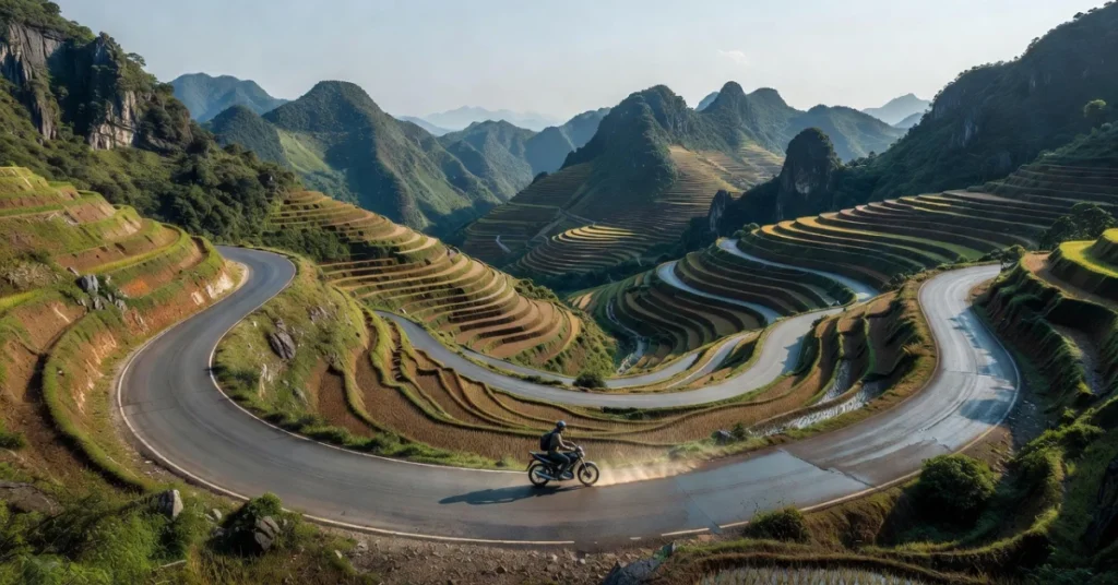 Motorcyclist on winding road through rice terraces in Ha Giang Vietnam mountains