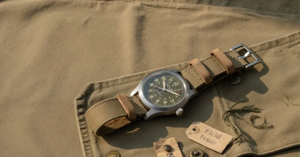 Hamilton Khaki Field watch with canvas strap on military khaki fabric