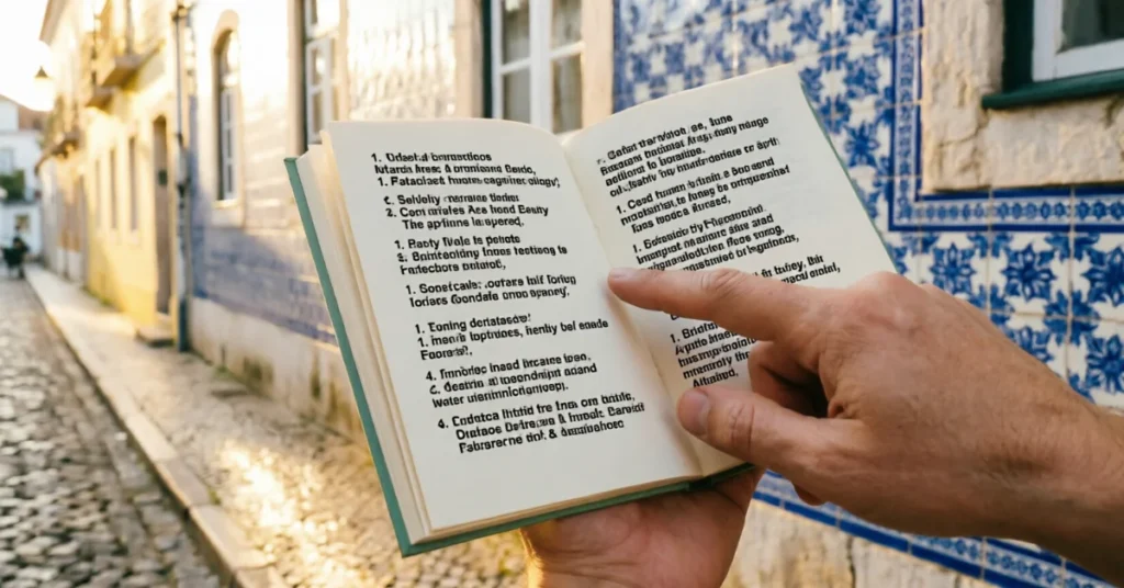 Hand pointing at an open filled travel phrasebook with Portuguese phrases and translations against a blurred Portuguese street with traditional azulejo tiles - practical travel language guide