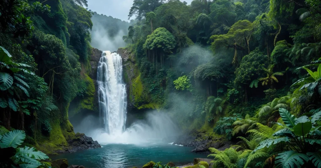 Misty waterfall surrounded by lush tropical rainforest and ferns in Hilo, Hawaii