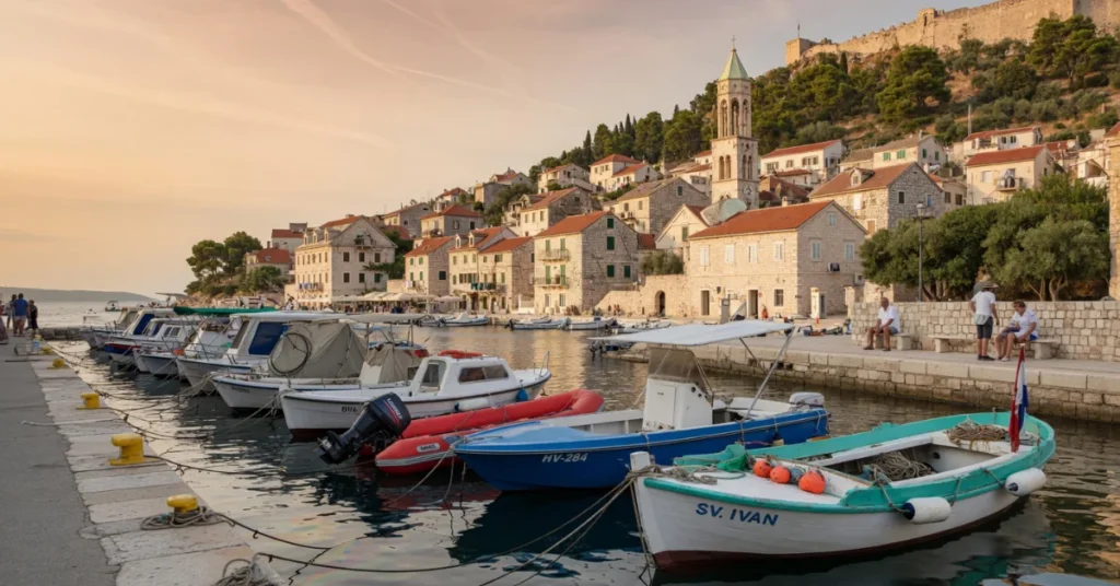 Hvar Town harbor with boats and hilltop fortress at sunset