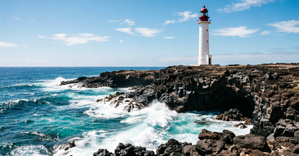 Isla de Lobos Punta Martiño lighthouse with volcanic terrain and turquoise water - Fuerteventura coastal scenery