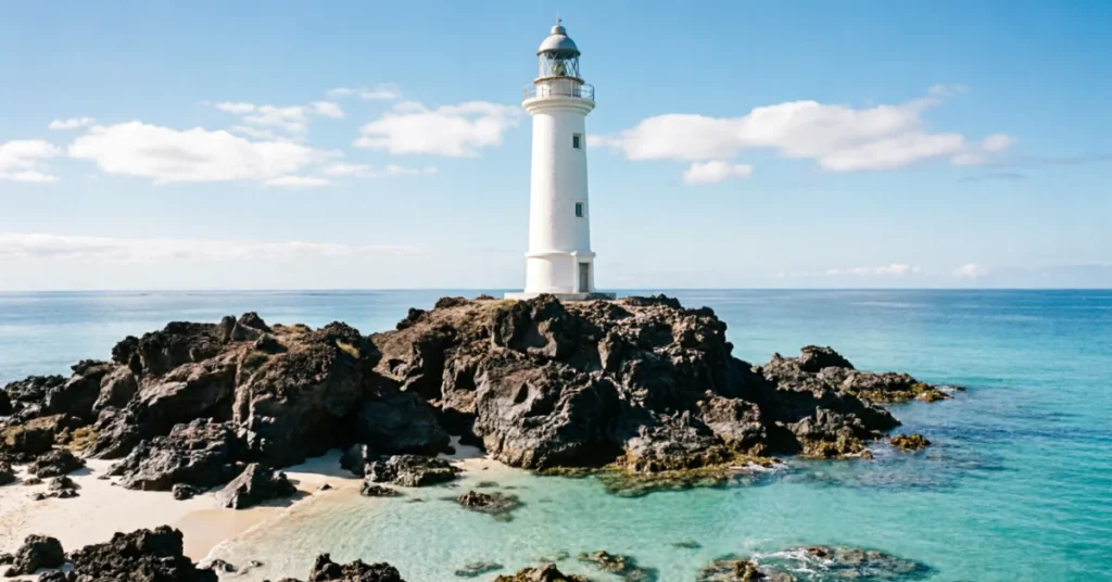 Isla de Lobos Punta Martiño lighthouse with volcanic terrain and turquoise Atlantic water - remote Canary Islands landmark