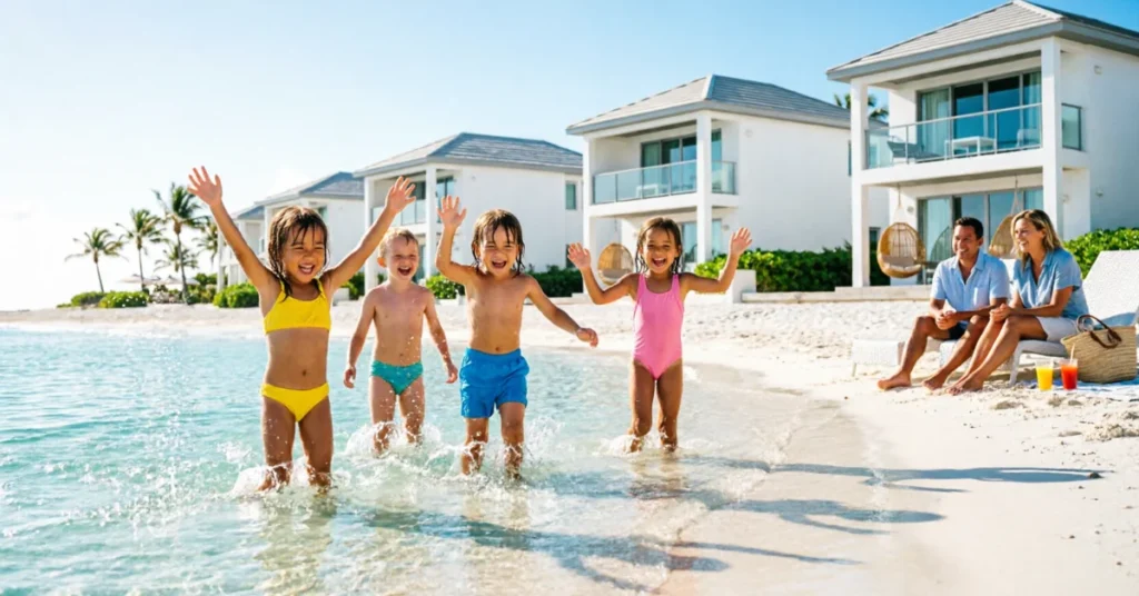 Kids splashing in shallow beach water at resort, parents relaxing nearby, tropical family vacation
