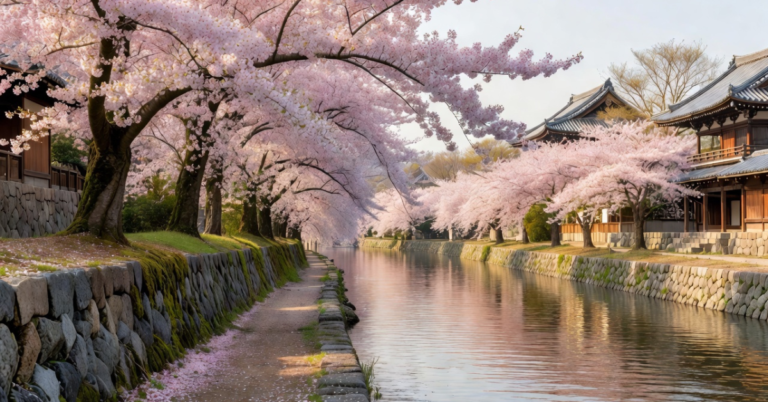 Cherry blossoms over Kyoto canal with traditional Japanese temples and stone walls