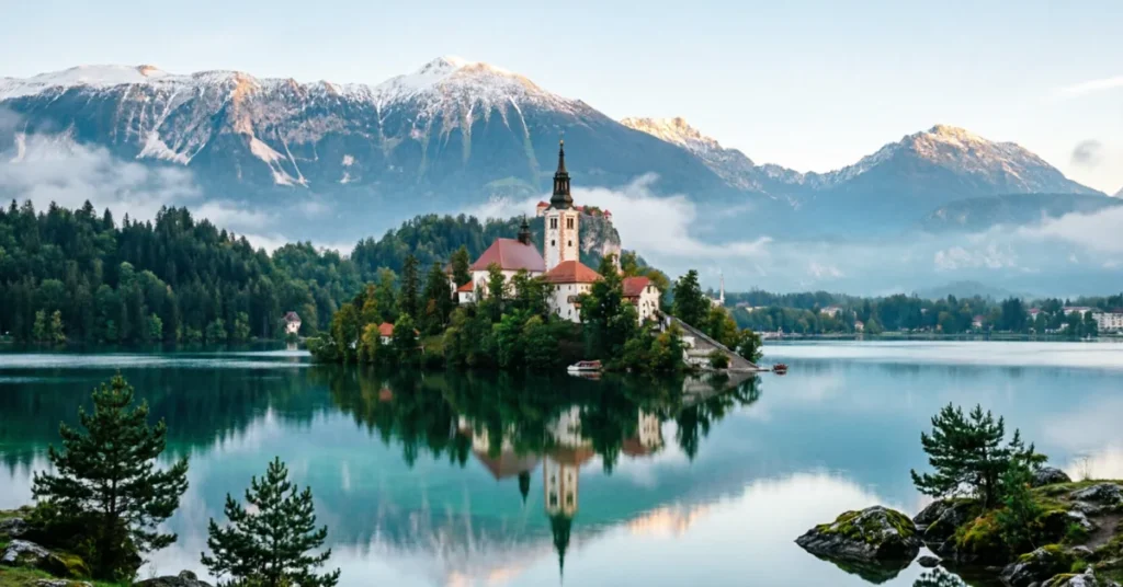 Lake Bled Slovenia with island church, castle, and mountain reflections in turquoise water