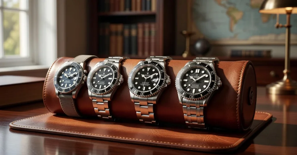 Luxury dive watch collection on a leather roll in a classic study room