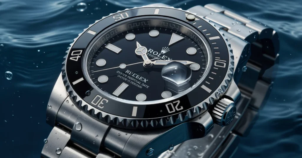 Luxury dive watch with blue dial and green lume markers submerged in water