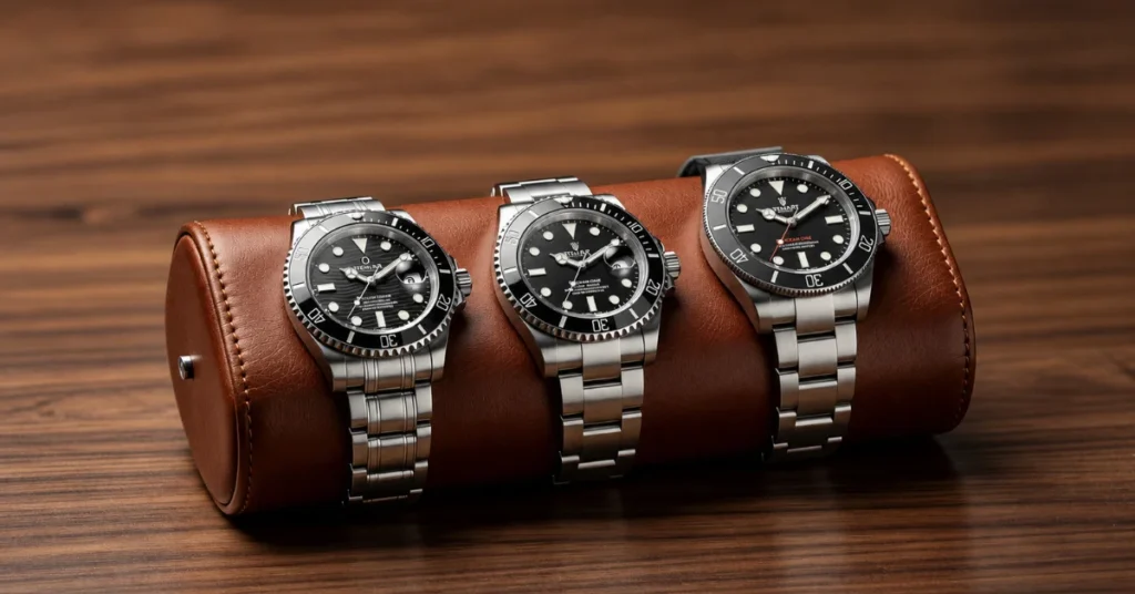 Three steel luxury sports watches with black dials on leather watch roll