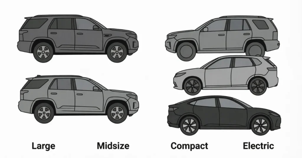 Luxury SUV size comparison chart - large, midsize, compact, and electric SUV silhouettes