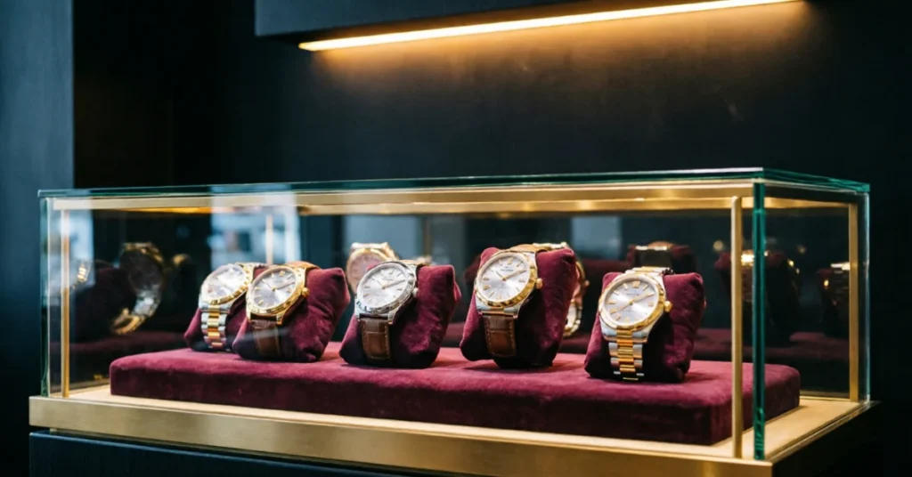 Luxury watch boutique display case with black velvet cushions and gold-trimmed glass showing multiple brands