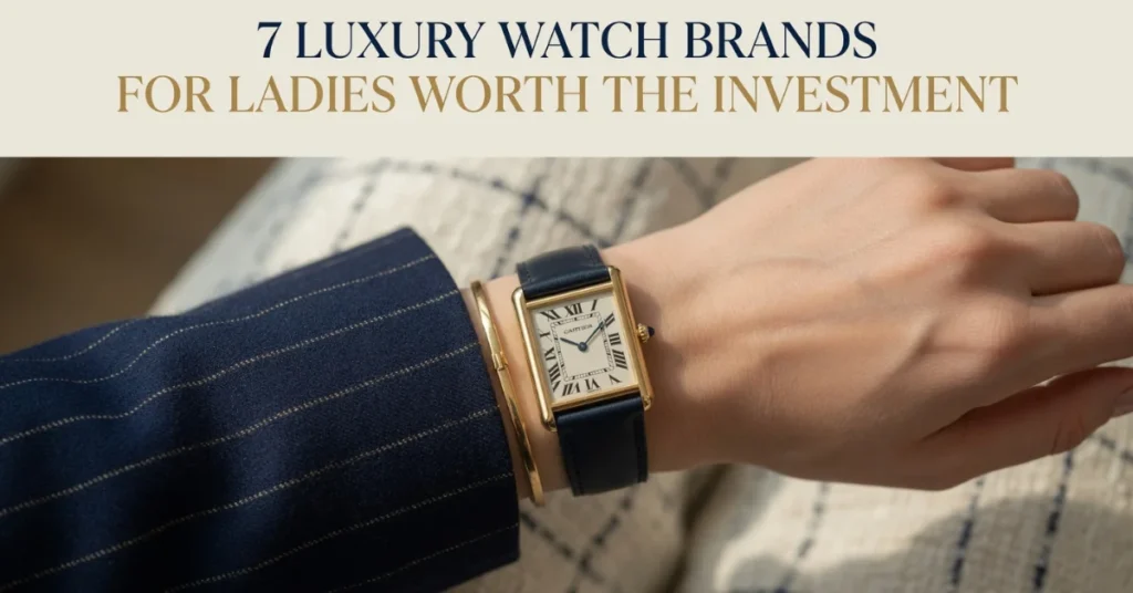 Woman wearing gold Cartier Tank luxury watch with navy blazer