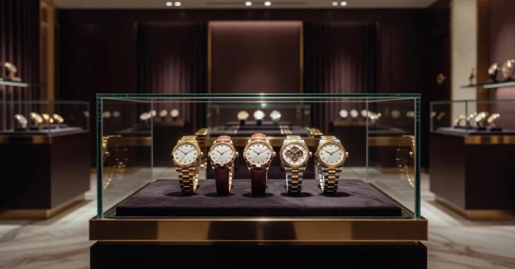 Five luxury watches displayed in glass case at upscale boutique with gold and two-tone models on black velvet