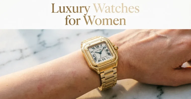Gold Cartier-style watch on wrist with marble background