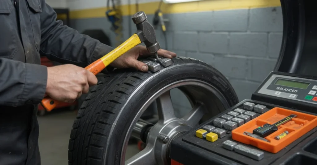 Mechanic using hammer to attach wheel balance weights on tire balancing machine