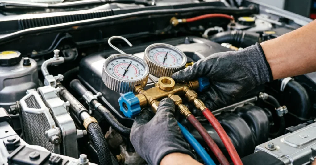 Professional mechanic using AC manifold gauge set to diagnose car air conditioning