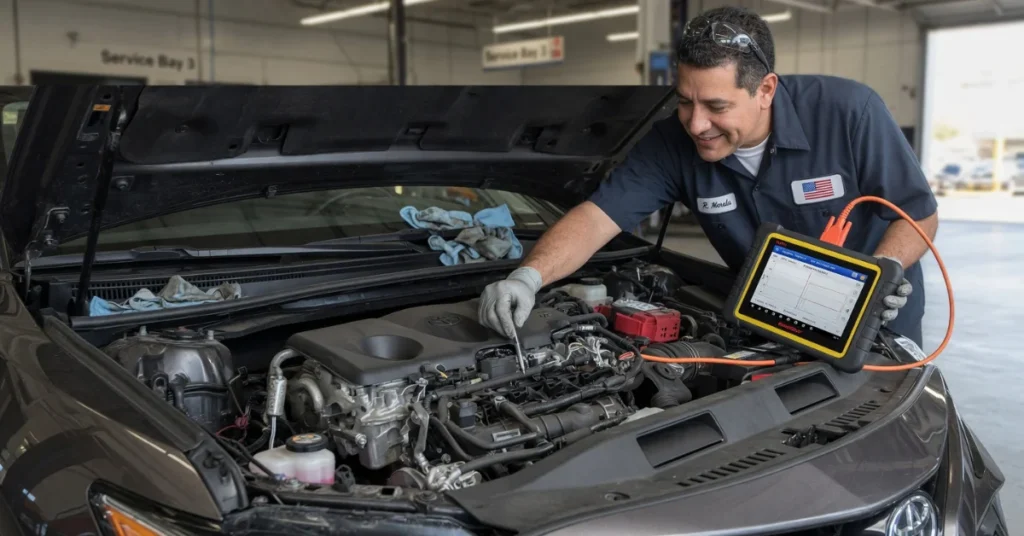 Mechanic using diagnostic scanner to check car engine for sulfur smell cause
