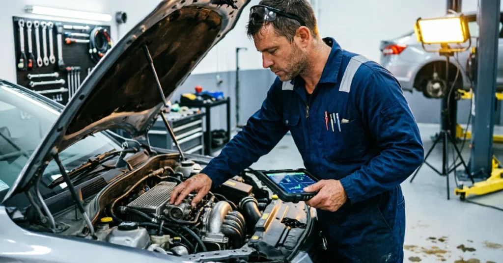 Car mechanic performing engine inspection with diagnostic tool - auto repair and maintenance service