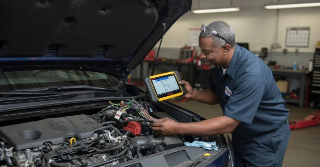 Auto mechanic using diagnostic scan tool with wiring diagram to troubleshoot car electrical system in repair shop