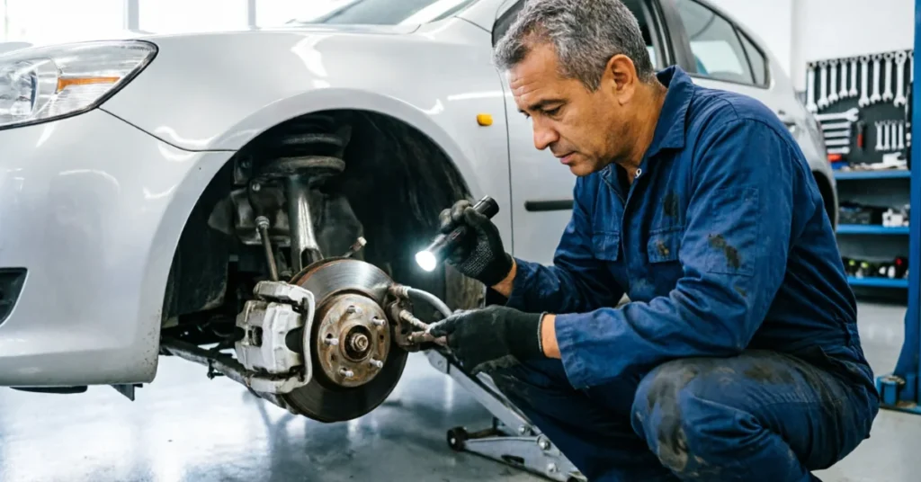 Professional mechanic crouched beside a car with the wheel removed, carefully inspecting the brake assembly in a well-lit garage