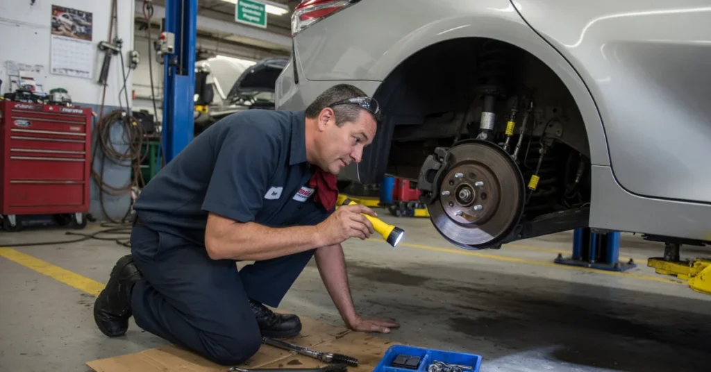 Professional mechanic inspecting car brake rotor with flashlight in auto repair shop