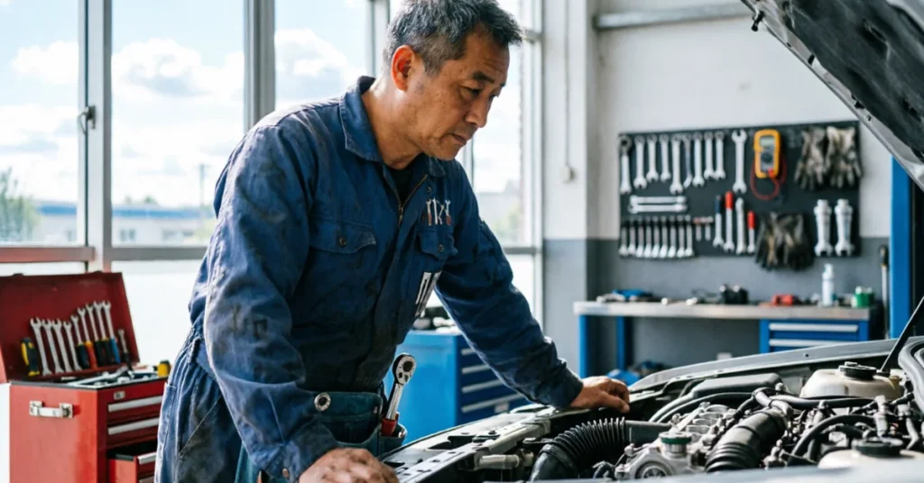 Professional mechanic inspecting fuel lines and engine components under open car hood in repair shop