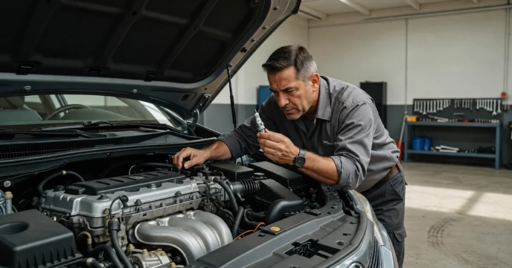 Mechanic inspecting spark plug in car engine bay