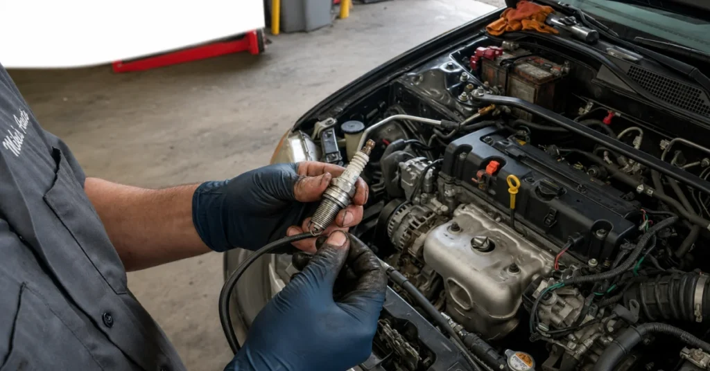 Mechanic inspecting worn spark plug over open car engine bay