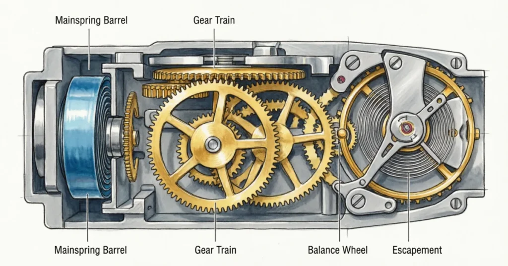 Mechanical watch movement diagram - mainspring, gears, and balance wheel cross-section view