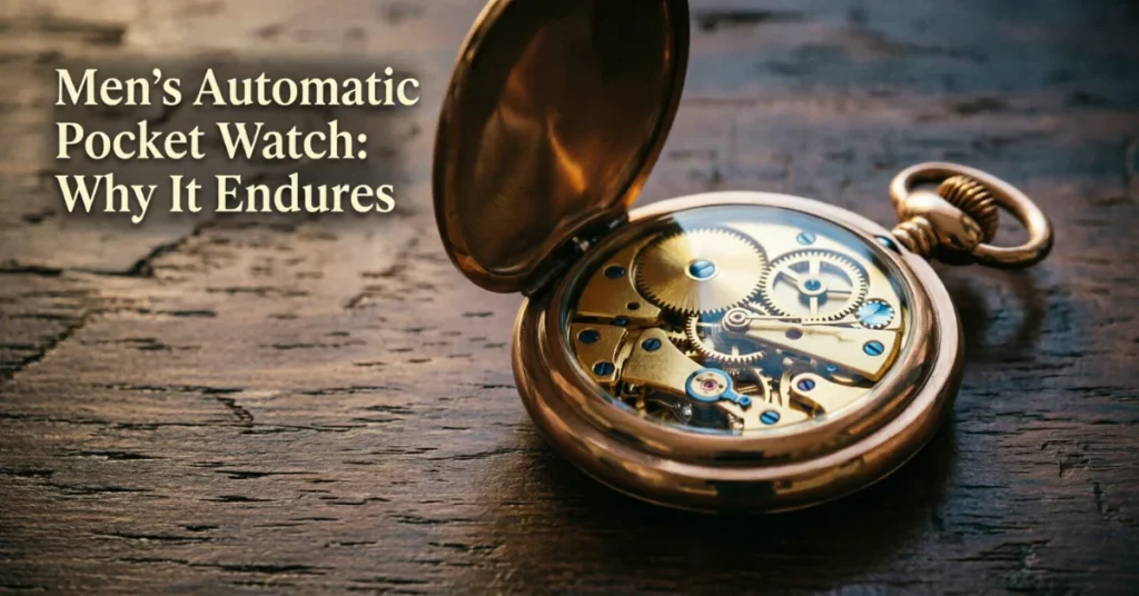 Open-face skeleton pocket watch showing automatic mechanical movement, bronze and gold craftsmanship